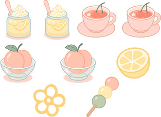 Cute pastel illustration set featuring cupcakes, peach tea cups, strawberry jars, and fruit icons in a kawaii pink aesthetic with sparkles and soft outlines.