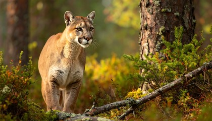 Fototapeta premium A majestic cougar, its tawny coat blending with the autumn forest, stands vigilant near a large tree, observing its surroundings