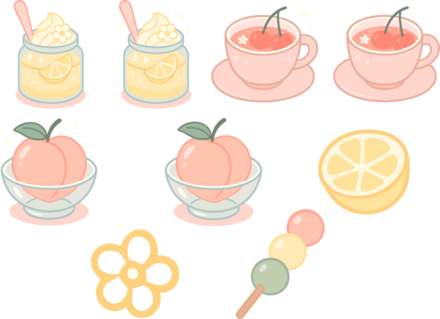 Cute pastel illustration set featuring cupcakes, peach tea cups, strawberry jars, and fruit icons in a kawaii pink aesthetic with sparkles and soft outlines.