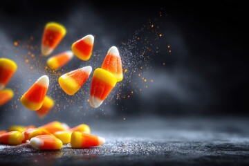 Halloween candy photo with vivid candy corn pieces floating midair, warm directional lighting on bright orange sweets, dramatic shadow play, dark moody backdrop studio concept