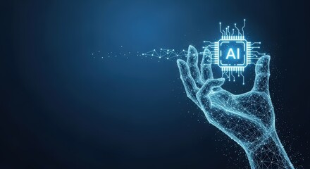 Digital hand interacting with AI chip on blue background