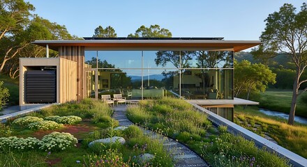 Modern House with Glass Facade and Green Roof Integration.