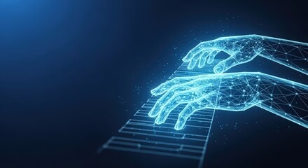 Digital hands playing a futuristic piano keyboard with blue light