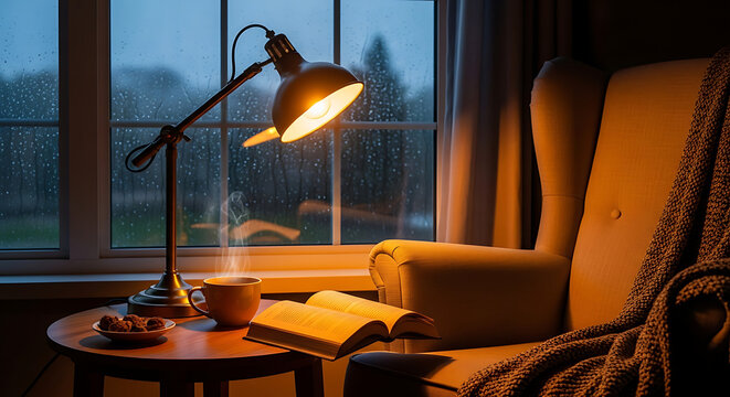 Cozy reading nook with glowing lamp warm blanket and open book by window