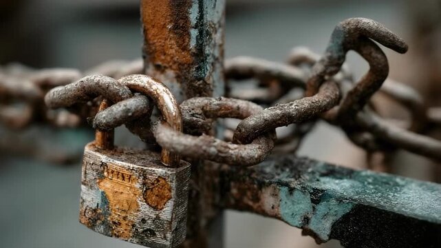 A rusty padlock locks a rusted chain.