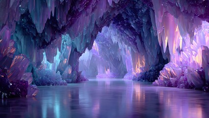 Crystalline Labyrinth: A mesmerizing panorama unveils a frozen fantasy, where towering crystal formations adorn an ice cave. 