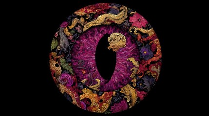 Close up of a decorative design featuring a purple eye shape surrounded by floral elements