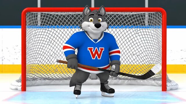 Animated wolf character in hockey uniform stands proudly in front of goal, displaying enthusiasm and readiness, camera captures motion and scene development