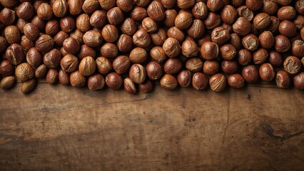 Hazelnuts on Wooden Backdrop with Heap or Stack of Hazelnuts, Healthy Food