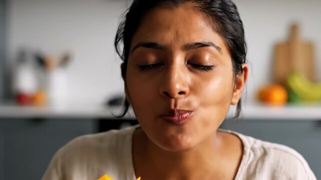 A woman with eyes closed is eating a piece of fruit. Kitchen and background are blurred