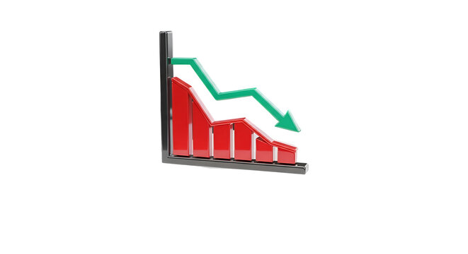 3d icon of downward trending red graph isolated on transparent background, symbolizing financial loss, economic decline, and failure