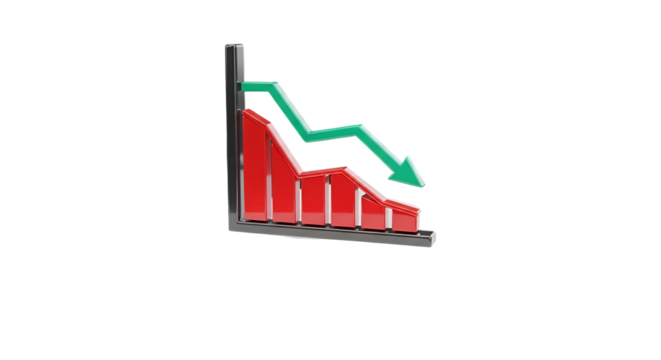 3d icon of downward trending red graph isolated on transparent background, symbolizing financial loss, economic decline, and failure