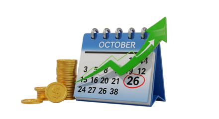 3d icon of calendar with green arrow pointing up and coins isolated on transparent background represents growth and profit