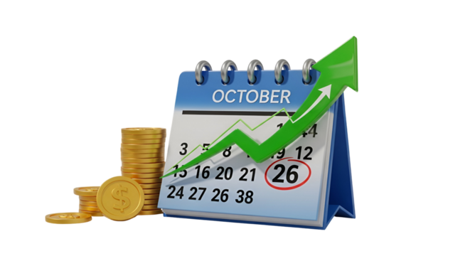 3d icon of calendar with green arrow pointing up and coins isolated on transparent background represents growth and profit