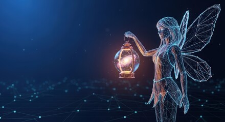 Fototapeta premium Digital woman holding a galaxy lantern in the night