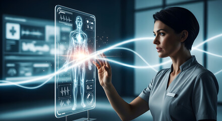 Futuristic Healthcare: Medical Professional Interacting with Holographic Human Anatomy Scan for Advanced Diagnostics and AI Technology