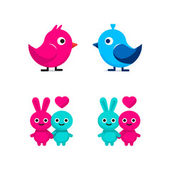 Obraz premium Cute cartoon vector illustration: pink & blue birds, adorable bunny-like characters in loving pairs. Affection, friendship, diversity, relationships.