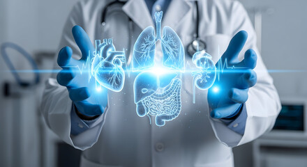 Medical professional with glowing digital human organs. Futuristic healthcare technology, advanced diagnostics, and human anatomy concept.