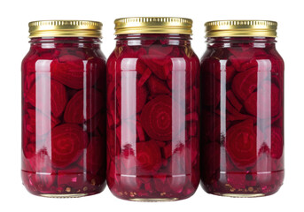 Isolated Jars of Pickled Beets, Homemade Canning, Red Sliced Beetroot, Ready to Eat