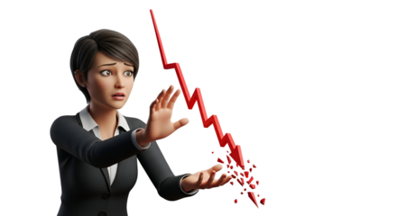 3d icon of worried businesswoman with falling graph isolated on transparent background, representing financial crisis and market crash
