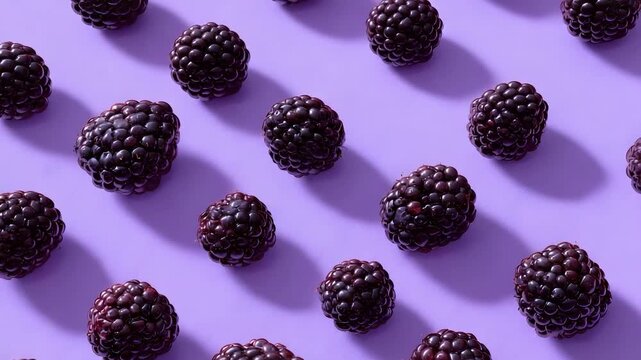 Blackberries scattered on a purple background.