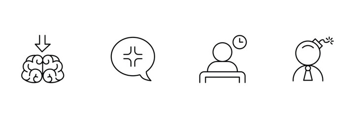 Brain pressure, angry speech bubble, waiting person, head bomb icon set, stress emotion vector illustration, mental health minimal outline art.