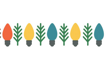 Christmas string light pattern with colorful decorative bulbs and evergreen tree branches, festive holiday vector art