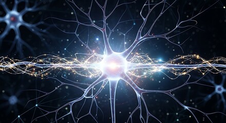 Abstract visualization of interconnected neurons firing and transmitting signals, representing the human brain's neural network and cognitive processes