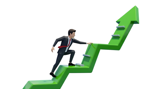 3d icon of businessman climbing up a green arrow isolated on transparent background, symbolizing career growth and success