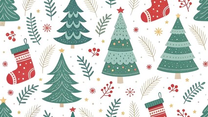 Get festive this holiday season with this charming Christmas pattern showcasing trees, stockings, and berries, perfect for adding a warm, joyful touch