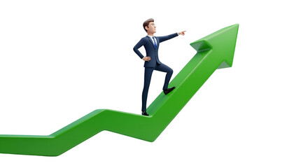 Obraz premium 3d icon of cartoon businessman in suit standing on green arrow pointing up isolated on transparent background