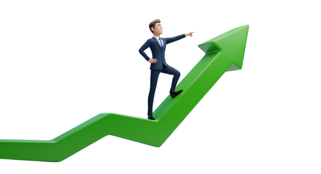 3d icon of cartoon businessman in suit standing on green arrow pointing up isolated on transparent background