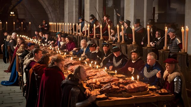 A rich, atmospheric image of a grand medieval royal banquet at night.