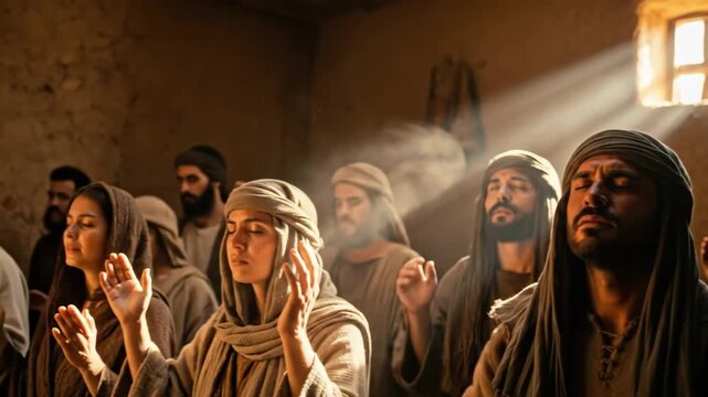 Man and woman pray with raised hands in group inside dusty room. Ancient biblical worship and humble prayer concept. Religious footage.