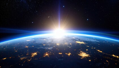 Obraz premium A stunning view of Earth from space, showcasing a sunrise with bright rays illuminating the planet's surface and a vast starry background.