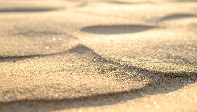 Close-up of sunlit beach sand with blurred shadows and sparkling granules