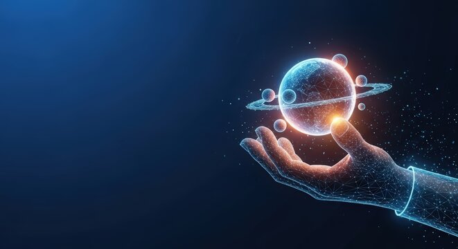 Hand holding a glowing planet with orbiting rings in dark space