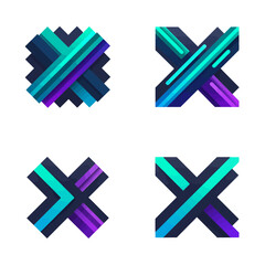 Modern abstract X shape design elements set with vibrant gradient colors, geometric lines, overlapping stripes, and dynamic visual style