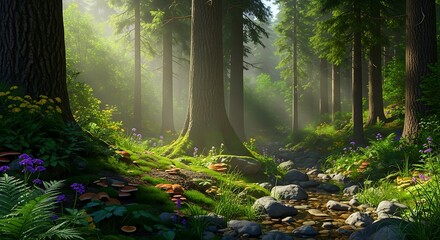 Sunlit Forest Path - A Serene Woodland Scene.