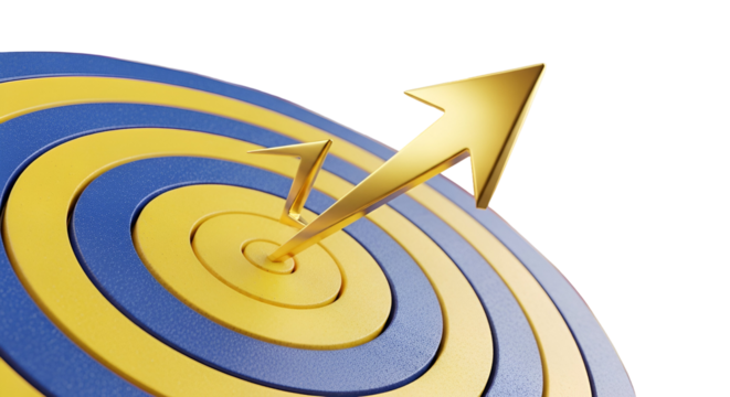 3d icon of golden arrow hitting the center of a target isolated on transparent background, symbolizing success