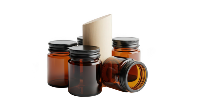 Elegant amber jars for cosmetics or supplements displayed with a modern wooden block