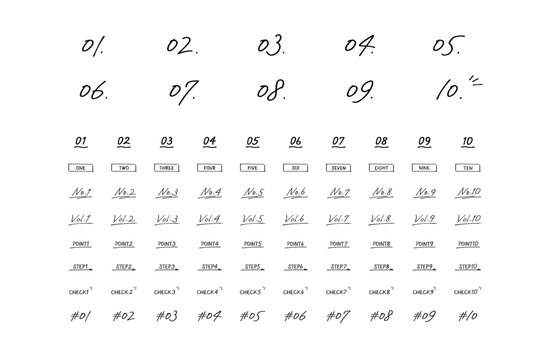 シンプルな手書きの数字あしらいセット　塗りなし