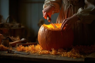 Naklejka premium Teenage girl’s hands carving large pumpkin on rustic table, candlelight shining through carved sections, tools and pumpkin bits scattered, warm ambient evening glow, autumn atmosphere