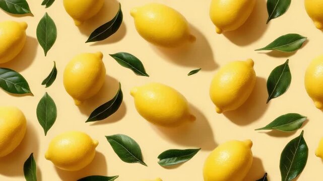 Bright lemons with green leaves arranged on a pale yellow background.