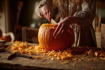 Naklejka premium Halloween carving moment macro photo showing girl’s hands sculpting pumpkin, rustic wood background, glowing orange inside, cozy festive mood with scattered carving tools and shavings