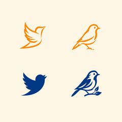 Obraz premium Creative Bird Logo and Icon Set: Stylized Flying and Perched Avian Designs in Vibrant Orange and Deep Blue Vector Graphics