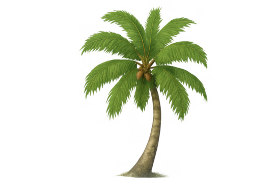 Tropical palm tree with green fronds and isolated coconuts, illustrating summer, vacation, and exotic travel concepts