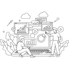 Fototapeta premium Digital marketing expert team analyzing video content and SEO data. Co-working and business strategy. Big laptop with charts and graphs. Growth hacking and analytics concept.