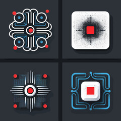 Set of four abstract graphic elements with geometric patterns and red accents, ideal for modern digital design, UI, data, or tech-themed projects.