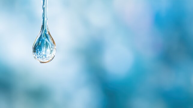 Single perfect water droplet against a soft blue blurry background